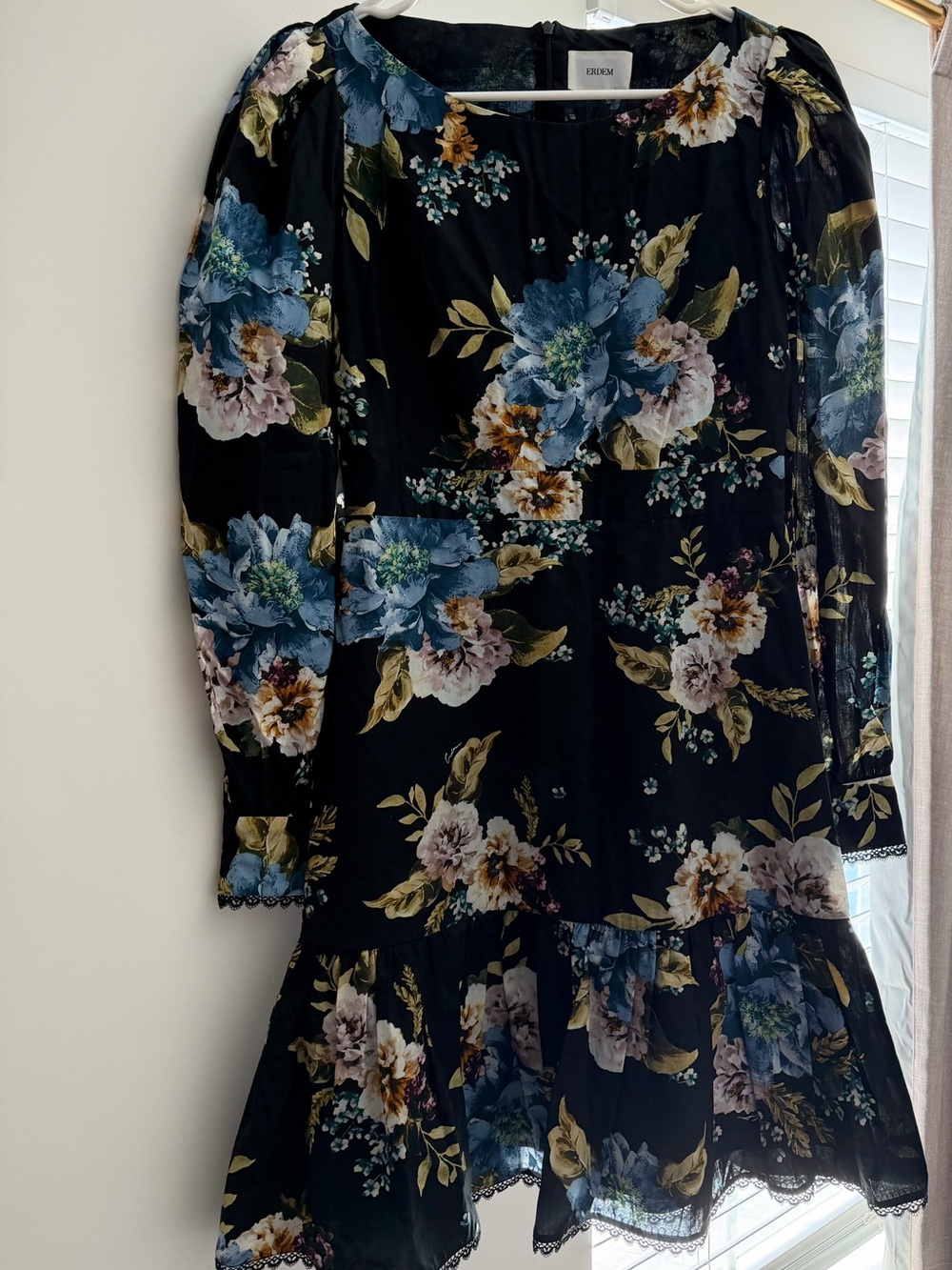 Erdem. Black Floral Long-Sleeve Ruffled Dress